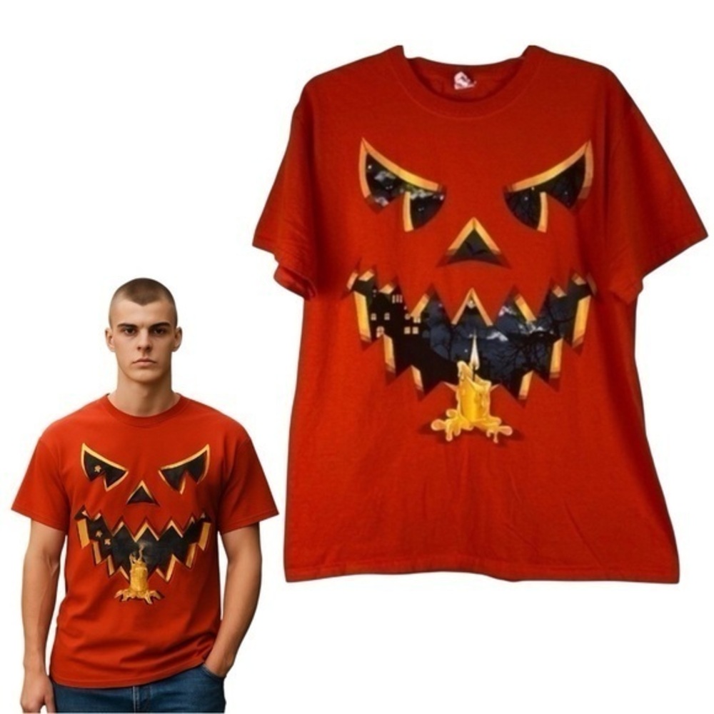Jerzees Orange Halloween Top Jack O‎ Lantern Tee Shirt